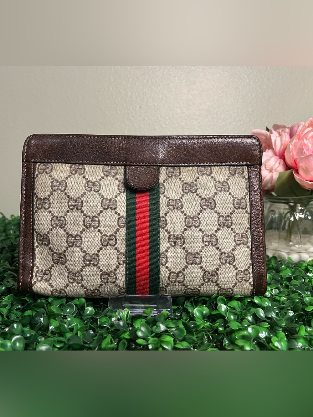 Vintage Gucci GG Supreme Monogram Sherry Line Web Stripe Clutch Made in Italy